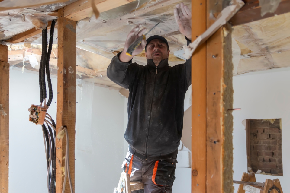 Worker on duty during a building restoration project