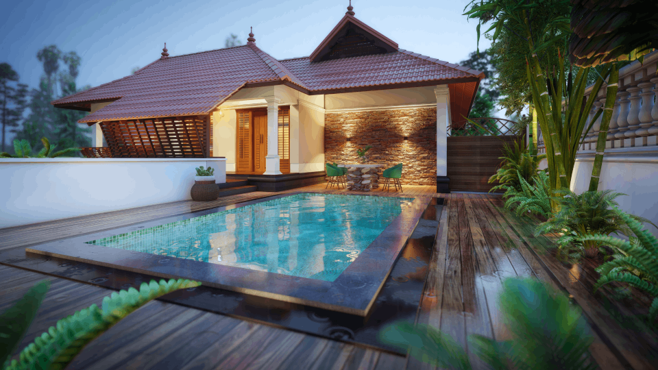 Beautiful view of a villa with pool with outdoor lights